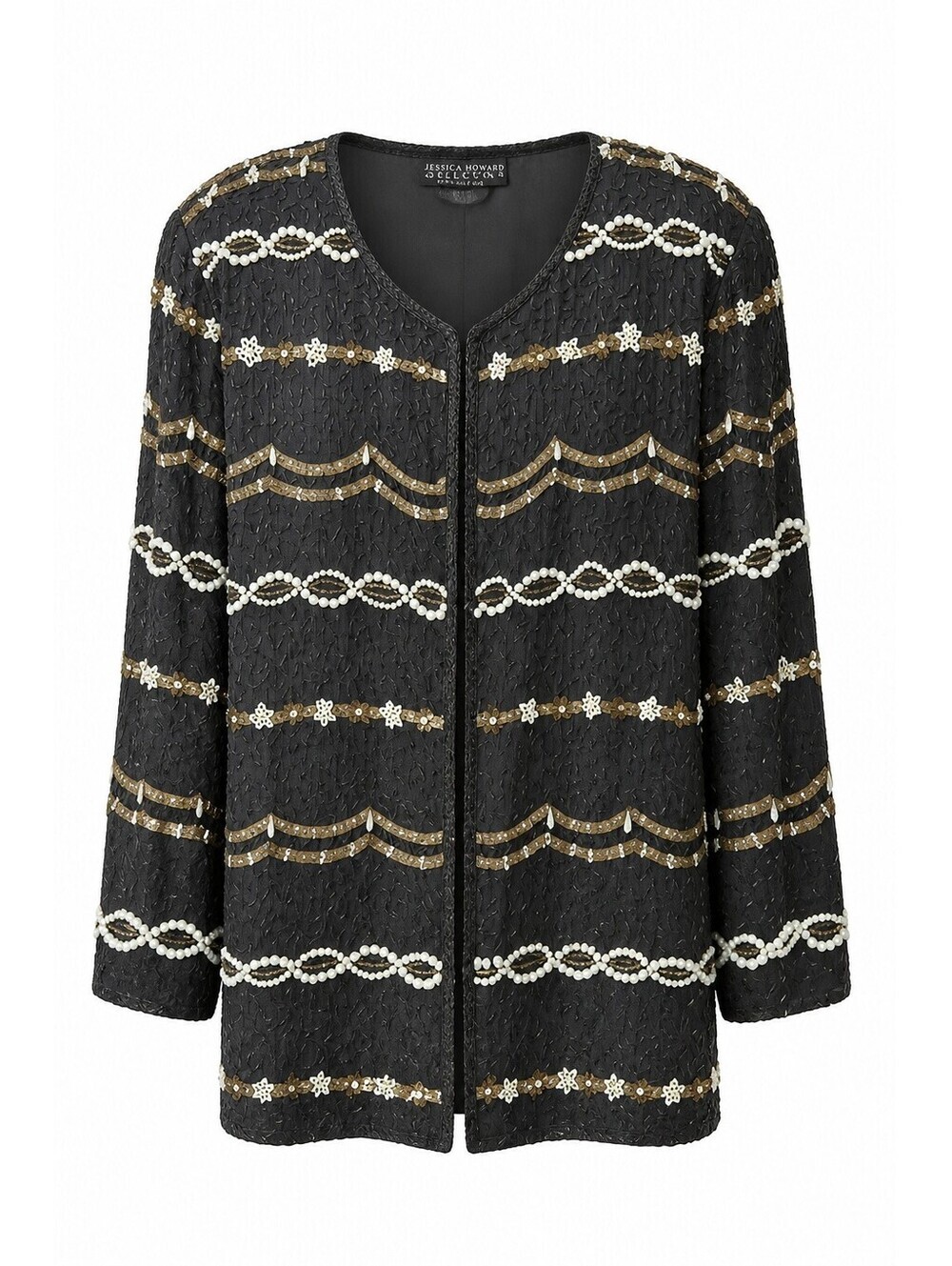 Vintage Jakelin Designs Silk Beaded Jacket XL Black Pearl Evening Coat